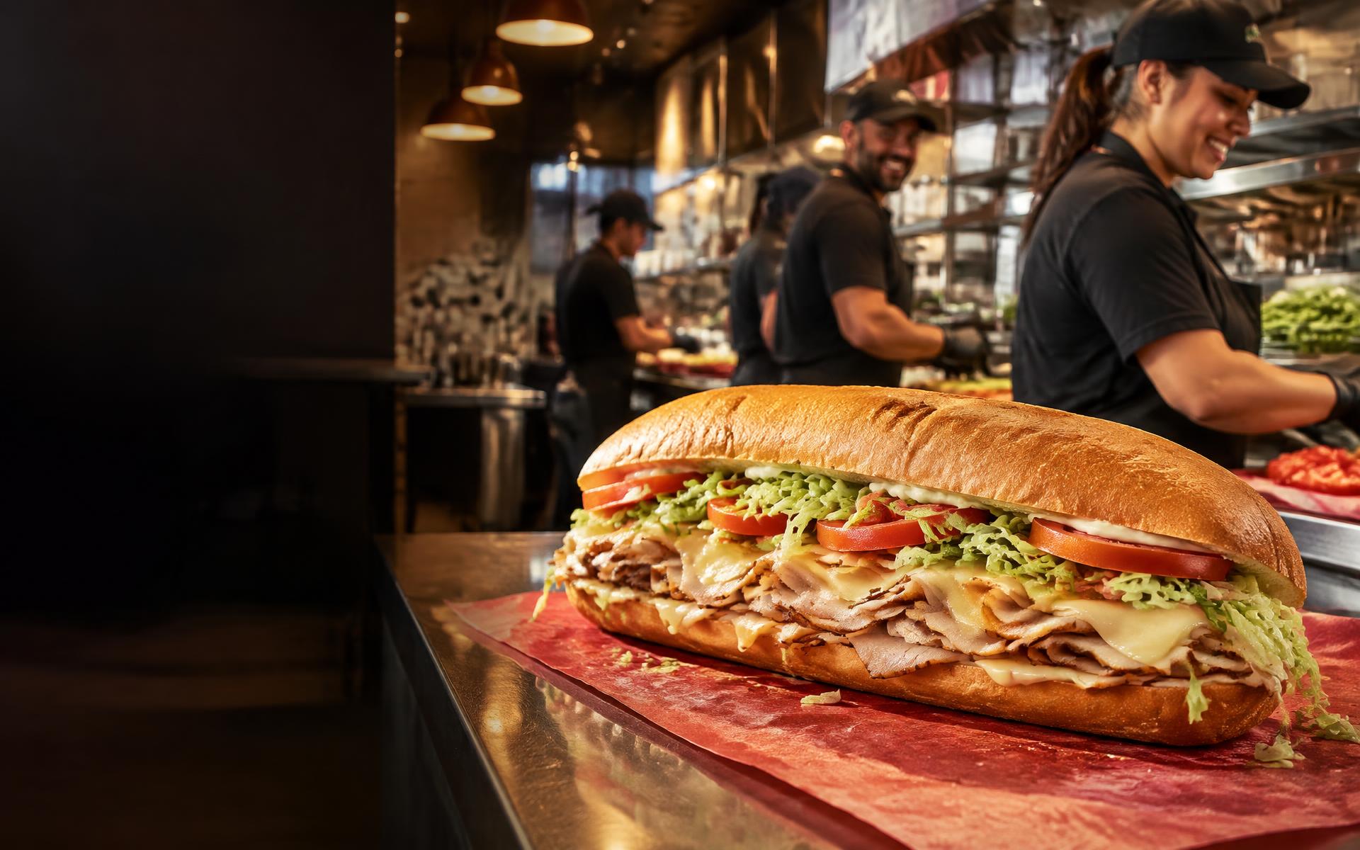 Freshly prepared sandwich inside a busy restaurant kitchen